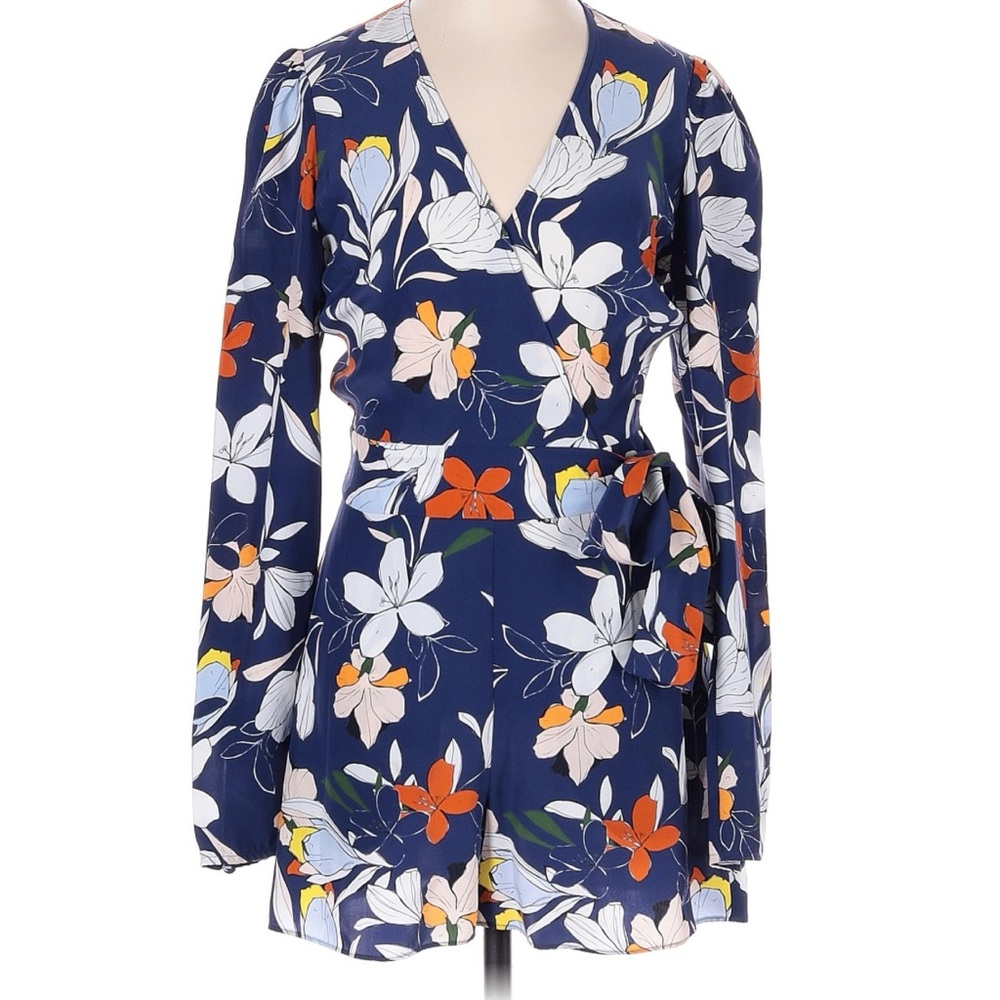 PARKER “Tita” Silk Romper in Moondance Print Floral Pattern Navy Waist Tie